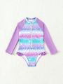 Young Girls' Cute Fish Scale Print Long Sleeve One-Piece Swimsuit With Front Zipper