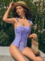 SHEIN Leisure Knotted Shoulder Ruched One Piece Swimsuit