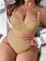 SHEIN Swim Chicsea Plus Size Women'S Metal Chain Shoulder Strap Swimsuit Set