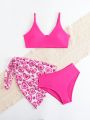 Tween Girls' Love Heart Print Three-Piece Swimsuit Set With Separated Swimwear