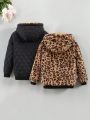 SHEIN Kids EVRYDAY Big Girls' Double-sided Wearing Stitched Clips Leopard Plush Hooded Jacket For Autumn And Winter