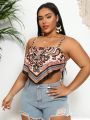 SHEIN Swim BohoFeel Plus Size Women's Printed Handkerchief Hem Tankini Top