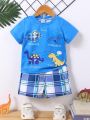 Baby Boys' Cartoon Print Short Sleeve T-Shirt And Plaid Shorts Set