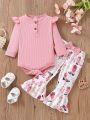 Little Girls' Pink Small Flying Sleeve Jumpsuit With Printed Flare Pants