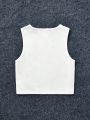 SHEIN Kids HYPEME Girls' Knit Portrait Print Round Neck Sleeveless Sweater Vest Top For Sports And Street Style