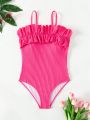 Little Girls' Ruffled One-piece Swimsuit With Spaghetti Straps