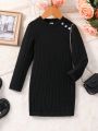 SHEIN Kids HYPEME Young Girl Button Detail Ribbed Knit Dress
