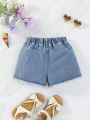 Young Girls' Vintage Street Style Color Block Elastic Waist Frayed Denim Shorts