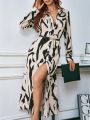 SHEIN LUNE Printed Buttoned Long Sleeve Shirt Style Dress (belt Not Included)