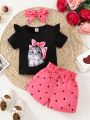 Baby Girl Cartoon Graphic Ruffle Trim Tee & Heart Print Bow Front Shorts & Headband