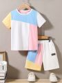 SHEIN Kids EVRYDAY Boys' Casual Round Neck Color Block Short Sleeve T-Shirt And Shorts 2pcs/Set