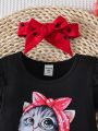 Infant'S Kitty Cat Printed Short Sleeve T-Shirt And Love Heart Printed Shorts Set