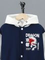 SHEIN Kids EVRYDAY Tween Boy Japanese Letter & Chinese Dragon Graphic Two Tone Varsity Jacket Without Hoodie