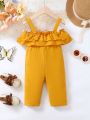 Baby Girl Casual Solid Color Off-Shoulder Jumpsuit With Ruffle Hem For Spring