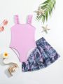 Young Girl Frill Trim One Piece Swimsuit With Plant Printed Cover-Up Skirt