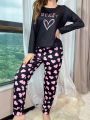 Women's Black And Pink Matching Heart Print Comfortable Pajama Set