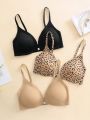 2pcs Solid Bra & 1pc Leopard Print Bra