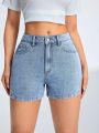 Water Washed Denim Shorts With Side Slit Detail