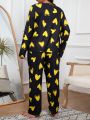 Plus Size Black Base Yellow Heart Print Casual Homewear Set With Long Sleeve And Long Pants