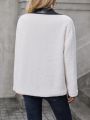 SHEIN LUNE Contrast Panel Flap Pocket Drop Shoulder Teddy Coat