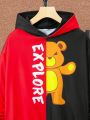 SHEIN Kids HYPEME Tween Boy Bear And Letter Graphic Two Tone Hoodie & Sweatpants Without Tee