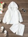 SHEIN Kids EVRYDAY Girls' Flower Embroidered Hooded Jacket Shorts And Solid Color T-Shirt Set