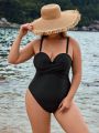 SHEIN Swim Basics Women'S Plus Size Solid Color Cross Back One Piece Cami Swimsuit