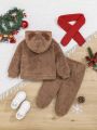 SHEIN Baby Boy Cartoon Embroidery 3D Ears Design Teddy Hoodie & Pants & Scarf