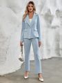 Women's Color Block Lapel Suit Jacket And Long Pants Set