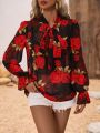 Women's Floral Print Neckline Lace-Up Shirt