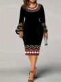 Plus Size Women's Geometric Pattern Flare Sleeve Dress