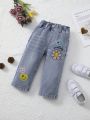 Baby Girls' Light Washed Embroidered Straight Leg Denim Pants