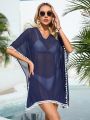 SHEIN Swim BohoFeel 1pc Pom Pom Detail Batwing Sleeve See-Through Cover Up Dress