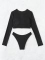 SHEIN Swim Chicsea Ladies' Solid Color Cut Out V-Neck Long Sleeve Swimsuit Top And High Cut Bikini Bottoms Separates