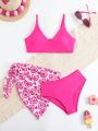 Tween Girls' Love Heart Print Three-Piece Swimsuit Set With Separated Swimwear