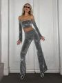 SHEIN ICON Low-Rise Shiny Bell Bottom Pants