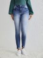 SHEIN LUNE High Stretchy And Tightening Belly Hole Ripped Worked Old Ladies' Denim Skinny Leggings