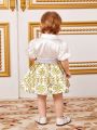 SHEIN Baby Girl Elegant Satin Bubble Short Sleeve Shirt With Floral Print Skirt Set