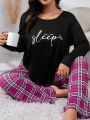 Plus Letter Graphic Tee & Plaid Pants PJ Set