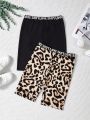 SHEIN Kids EVRYDAY Girls' Knitted Leopard Print Bottoming Shorts & Solid Color Shorts Set