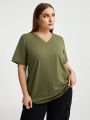 SHEIN Essnce Plus  Size Spring And Summer Clothing New Fashion Casual Loose V-Neck Back Kink Design Point Short-Sleeved T-Shirt