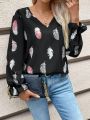 SHEIN Frenchy Women's Feather Print Splice Lace Shirt