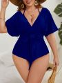 SHEIN Swim Classy Plus Plain Belted Halter One Piece Swimsuit