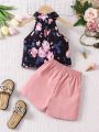SHEIN Kids SUNSHNE Toddler Girls' Floral Printed Vest & Solid Color Shorts Set