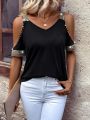 Off-Shoulder Neckline Beaded V-Neck T-Shirt