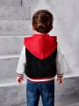 SHEIN Baby Boys' Cartoon Letter Print Hooded Baseball Jacket With Contrast Color