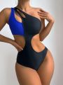 SHEIN Swim BAE Colorblock Hollow Out One Shoulder One-Piece Swimsuit