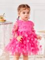 SHEIN Baby Girl 1pc Mom And Me Cute And Sweet Rose Red Stitching Three-Dimensional Flower Mesh Long-Sleeved Dress