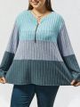 Plus Size Color-Block Long Sleeve Half Zipper T-Shirt