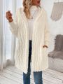 Solid Pom Pom Detail Open Front Hooded Teddy Coat